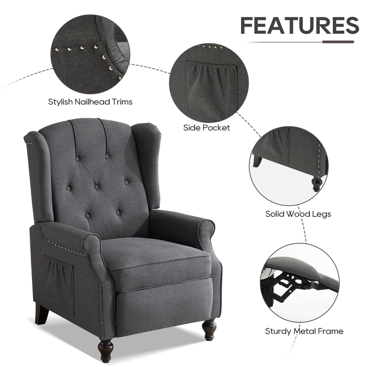 P.H.Furn Wingback Recliner Chair with Massage and Heat, Upholstered Fabric Living Room Chair Armchair with Nailhead Trim,Push Back Recliner Chair with Remote Control,Padded Cushion (Grey) P.H.Furn