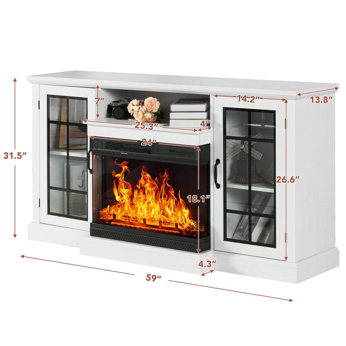 Breezestival Fireplace TV Stand with All-Sided Glass Electric Fireplace,59'' Entertainment Center with Farmhouse Glass Door Storage Cabinet, for TVs up to 65", White Breezestival