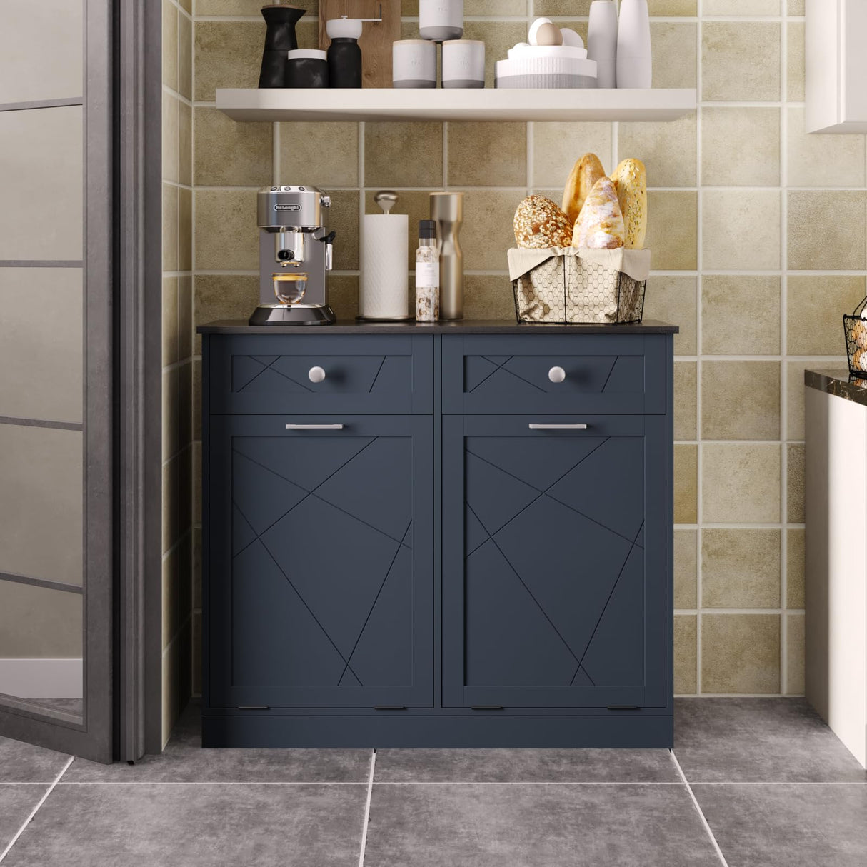 Trash Cabinet Double Tit Out Trash Bin, Dog Proof Hideaway Tilt Out Double Trash Can Holder with Two Drawers, Free Standing Recycling Cabinet for Kitchen Living Room White Double Door Black Halitaa