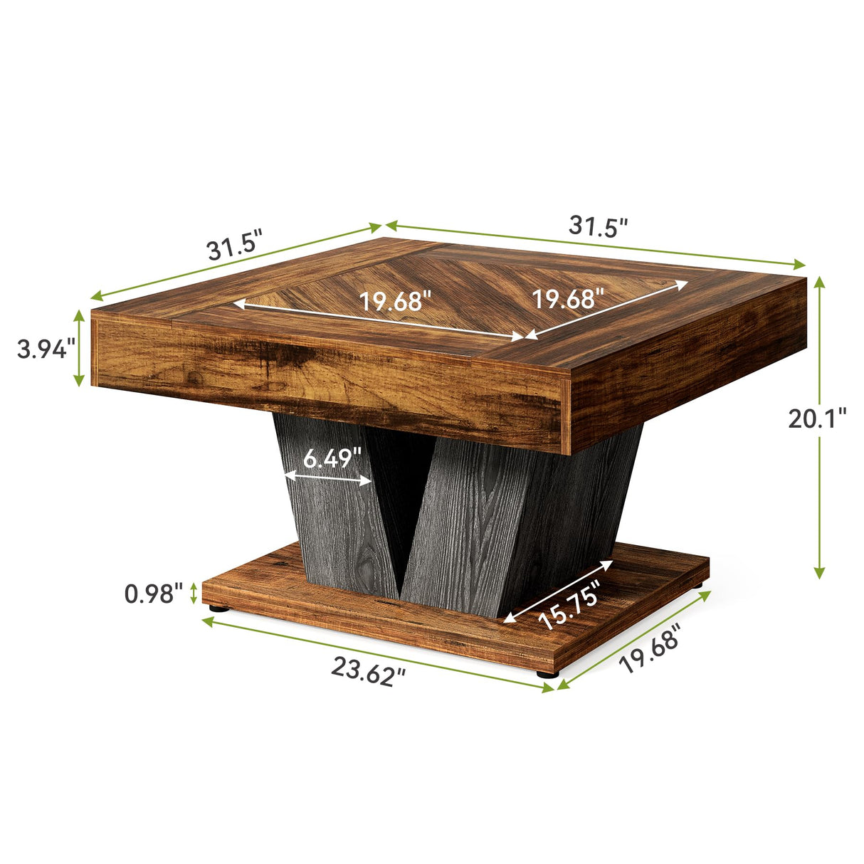 LITTLE TREE Square Coffee Table, Modern Rustic Coffee Table for Living Room, Wooden Coffee Table with Adjustable Feet, Brown LITTLE TREE