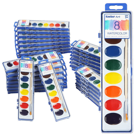 Keebor 8-Color Watercolor Paint Set for Kids, 36 Pack Washable Watercolors for Party Favors, Gifts, Classroom Supplies (Wood Brushes Included) Keebor