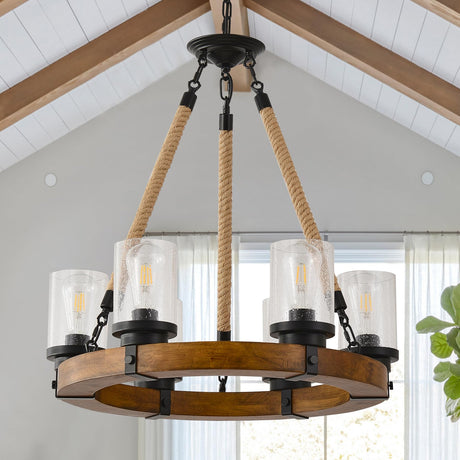 Rustic Wagon Wheel Chandelier with Seeded Glass Shades, 6 Lights Farmhouse Wood Retro Round Wagon Wheel Pendant Light for Living Room Kitchen Island Foyer Entryway BAOURE