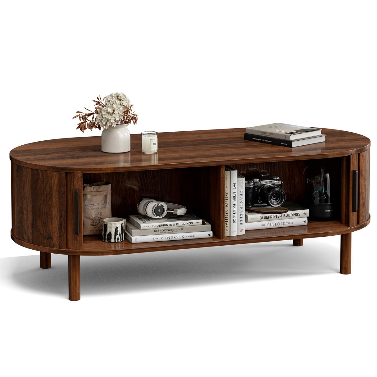 ZttRiee Coffee Table for Living Room, Modern Oval Coffee Table with Cabinets & Sliding Doors, Home Small Space, 47.2" Fluted Center Table, Walnut ZttRiee