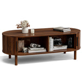 ZttRiee Coffee Table for Living Room, Modern Oval Coffee Table with Cabinets & Sliding Doors, Home Small Space, 47.2" Fluted Center Table, Walnut ZttRiee