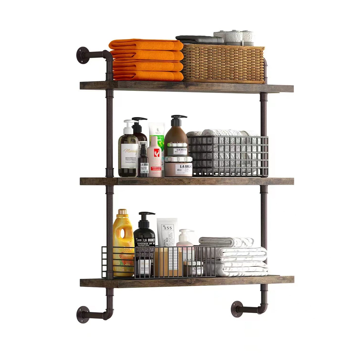 Helsin 3 Tier Industrial Pipe Shelf Rustic Wood Floating Shelves,Wall Display Bookshelf,Storage Rack Sundries Holder for Kitchen Office Bathroom Organization and Home Decor (24inch) - WoodArtSupply