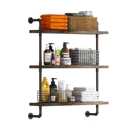Helsin 3 Tier Industrial Pipe Shelf Rustic Wood Floating Shelves,Wall Display Bookshelf,Storage Rack Sundries Holder for Kitchen Office Bathroom Organization and Home Decor (24inch) Helsin