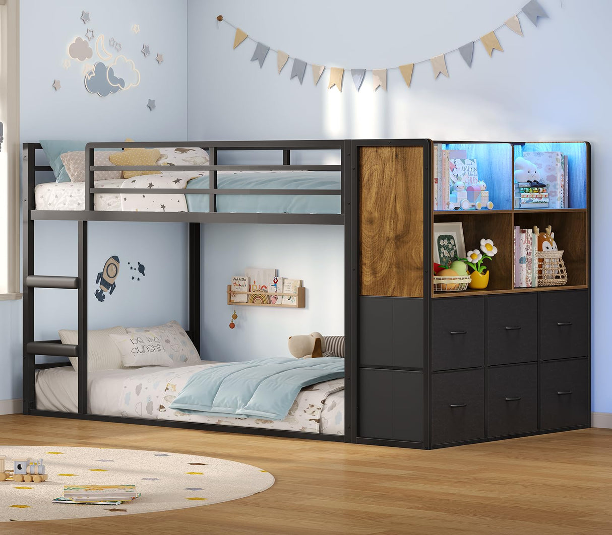 BTHFST Twin Over Twin Bunk Bed, Twin Bunk Beds with Storage & LED Lights, Metal Space Saving Low Bunk Bed with Safety Ladder and Guardrail BTHFST