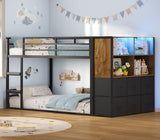 BTHFST Twin Over Twin Bunk Bed, Twin Bunk Beds with Storage & LED Lights, Metal Space Saving Low Bunk Bed with Safety Ladder and Guardrail BTHFST