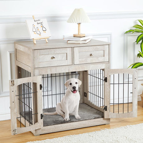Dog Crate Furniture with 3 Doors,31.5" Large Dog Crate with 2 Drawer & Cushion,Wooden Dog House Kennel for Medium/Large Dog,Dog Crate Table Up to 70 lbs,Indoor End Table Dog House Knowfunn