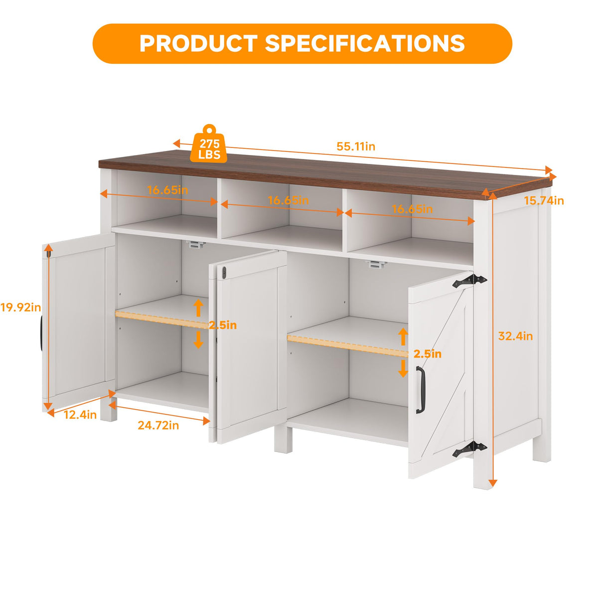 knoworld Buffet Sideboard with Storage Farmhouse with 4 Doors, 55'' Large Kitchen Storage Cabinet Wood Coffee Bar Cabinet Buffet Table with Shelves for Kitchen, Dining Room, Entryway knoworld