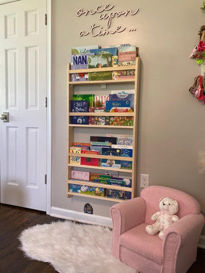 Handmade Solid Wood Montessori Wall-Mounted Bookshelf for Kids - 4 Tier Natural Pine Organiser