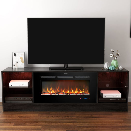 Kentsky Fireplace 72" TV Stand, Entertainment Center with 36" Electric Fireplace, LED Light Wood Storage Cabinet Table, Media Console for TVs Up to 80", Thermostat, 13 Flame Colors, Black