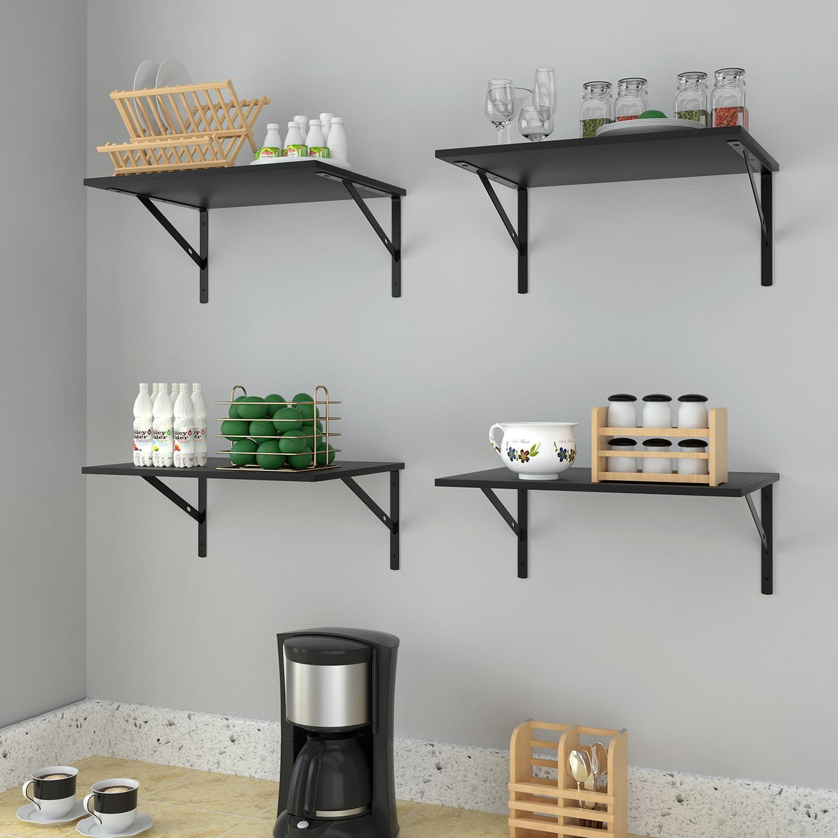 Deep Floating Wall Shelves - 4 Sets of 12 Inch Wide Black Wood Shelves for Bathroom, Bedroom, Kitchen, Living Room WoodArtSupply