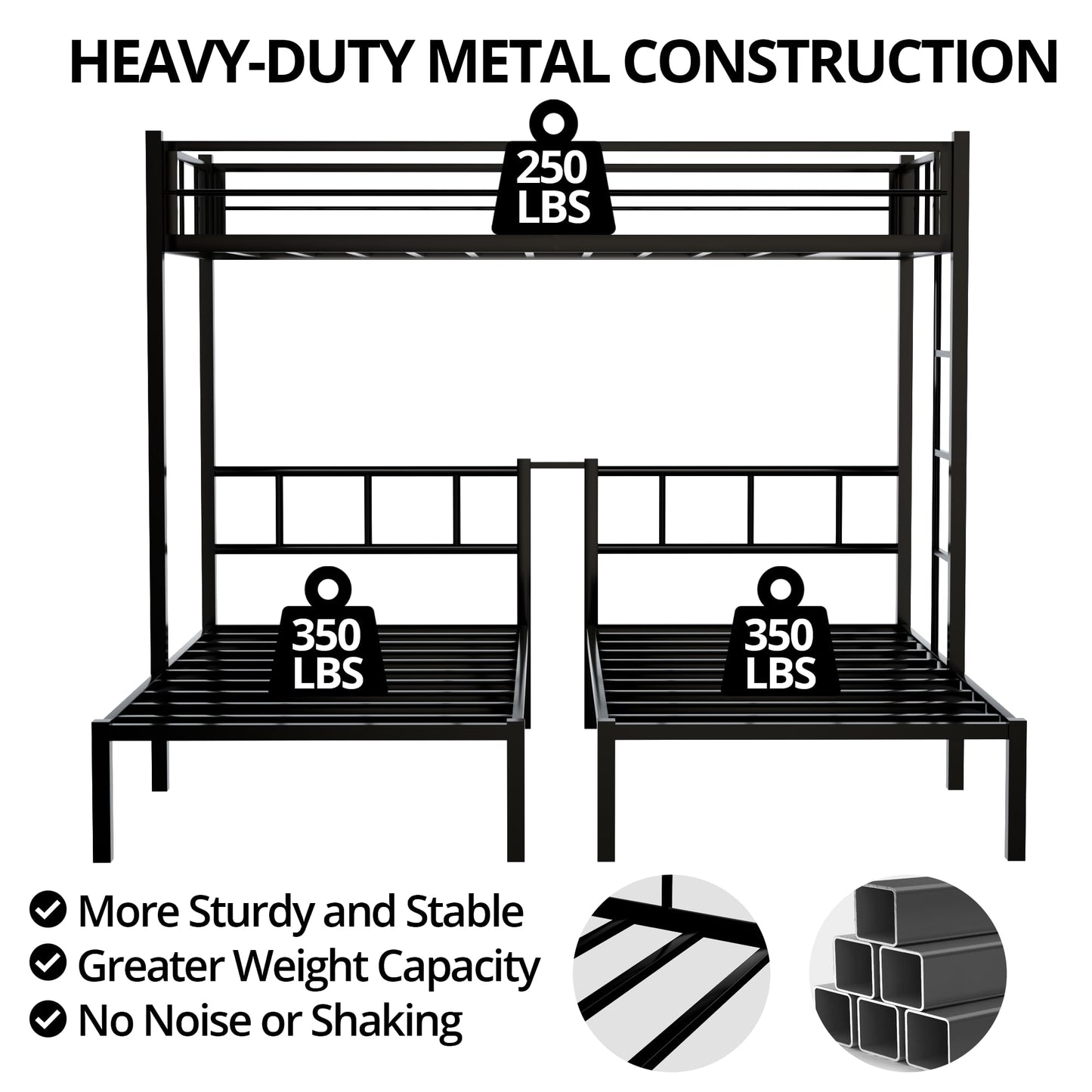 TURRIDU Metal Triple Bunk Bed for 3, Twin Over Twin Over Twin Bunk Beds with Built-in Ladders, Separates into 3 Twin Beds for Teens, Adults, No Box Spring Needed, Black