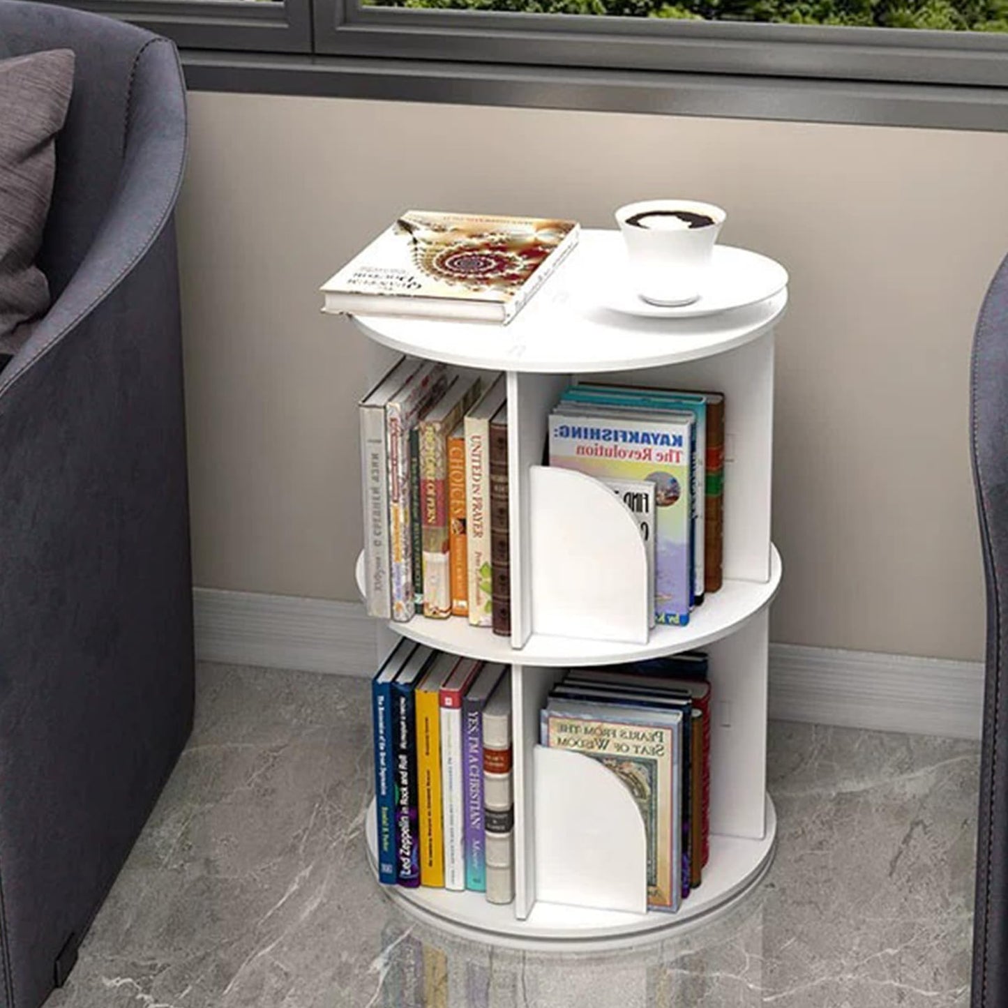 HOLMZCED 360° Rotating 2-Tier White Bookshelf - Versatile Free-Standing Storage Rack for Study, Bedroom, and Living Room - WoodArtSupply