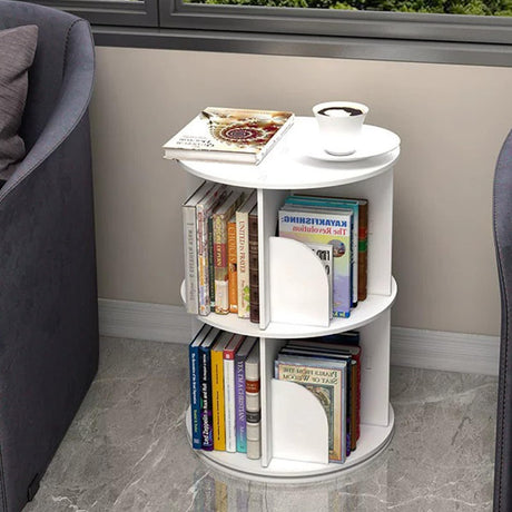 HOLMZCED 360° Rotating 2-Tier White Bookshelf - Versatile Free-Standing Storage Rack for Study, Bedroom, and Living Room HOLMZCED