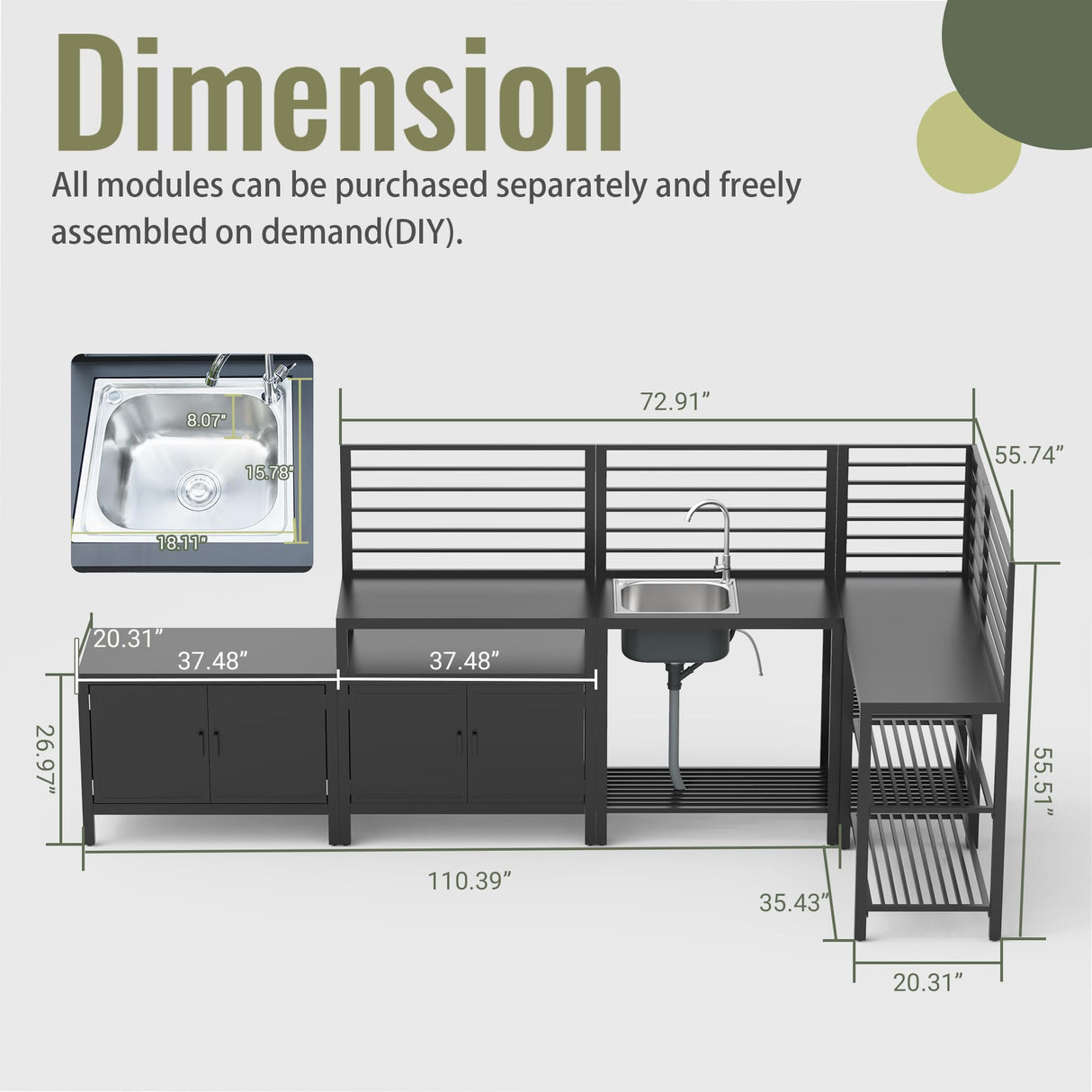 Domi Outdoor Kitchen Island, 5-Piece Modular Kitchens Counter with Whole Aluminum Finish & Shelf & Wall Hanging & Countertop & Sink & Storage Box & Cover, Kitchen Series for Deck Patio, Dark Gray domi outdoor living