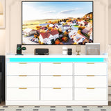 9 Drawer Dresser for Bedroom, White Dresser with LED Lights and Charging Station, Modern Chest of Drawer, Wood Triple Wide Drawer Organizer Cabinet for Bedroom, Living Room, Entryway, Hallway knoworld