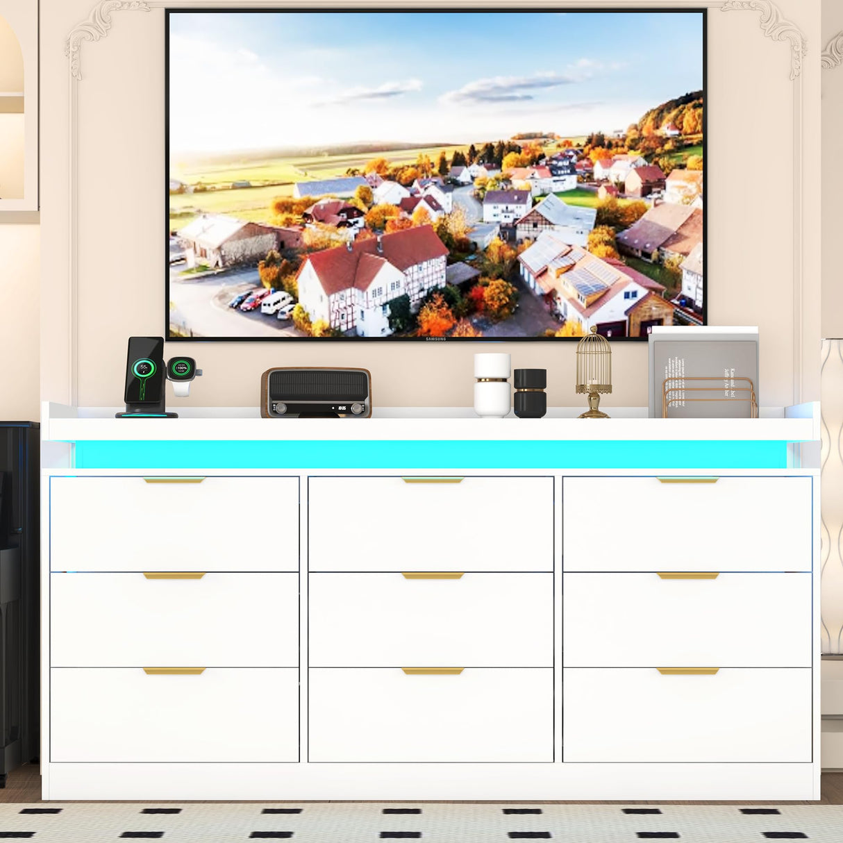 9 Drawer Dresser for Bedroom, White Dresser with LED Lights and Charging Station, Modern Chest of Drawer, Wood Triple Wide Drawer Organizer Cabinet for Bedroom, Living Room, Entryway, Hallway knoworld