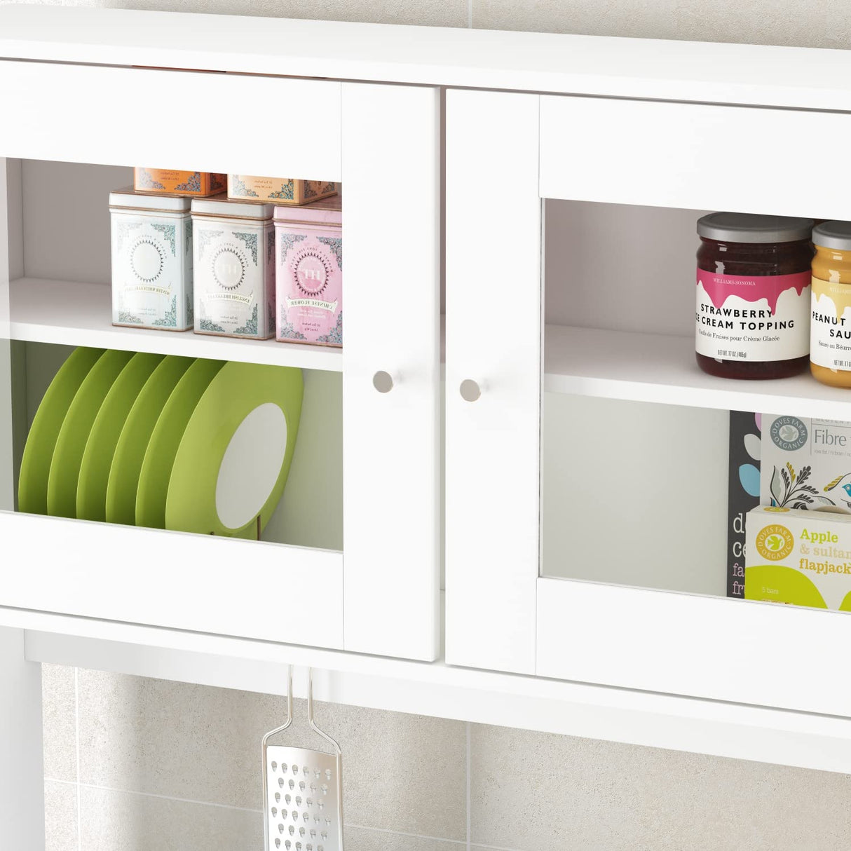 ECACAD Freestanding Kitchen Pantry Storage Cabinet with 4 Glass Doors, Shelves & 4 Drawers, Modern Sideboard Buffet Cabinet, Wood Kitchen Cupboard with Hutch and Hooks, White ECACAD