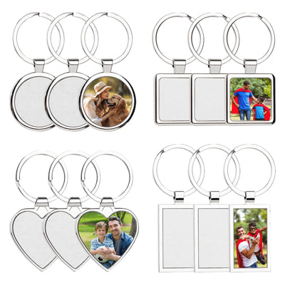 Framendino, 12 Pack Sublimation Keychain Blanks Heat Transfer Press Blank Key Chains with Key Rings for DIY Photos Crafts Rectangular Round Square Love Heart Silver