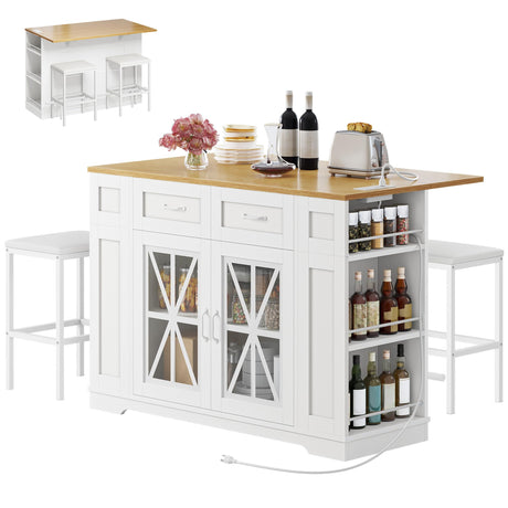 YITAHOME Kitchen Island with Drop Leaf, 47 Inch Mobile Storage Island with Seating, Rolling Islands Table with Power Outlet & 2 Bar Stools on Wheels, White Oak YITAHOME