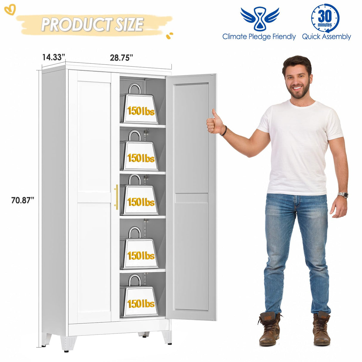 GAIOUS 71" Tall Metal Storage Cabinet with 2 Doors and 4 Adjustable Shelves, Kitchen Pantry Cabinet White Freestanding Cupboard, 5 Tier Multifunctional Steel Storage for Office, Kitchen, Dining Room GAIOUS