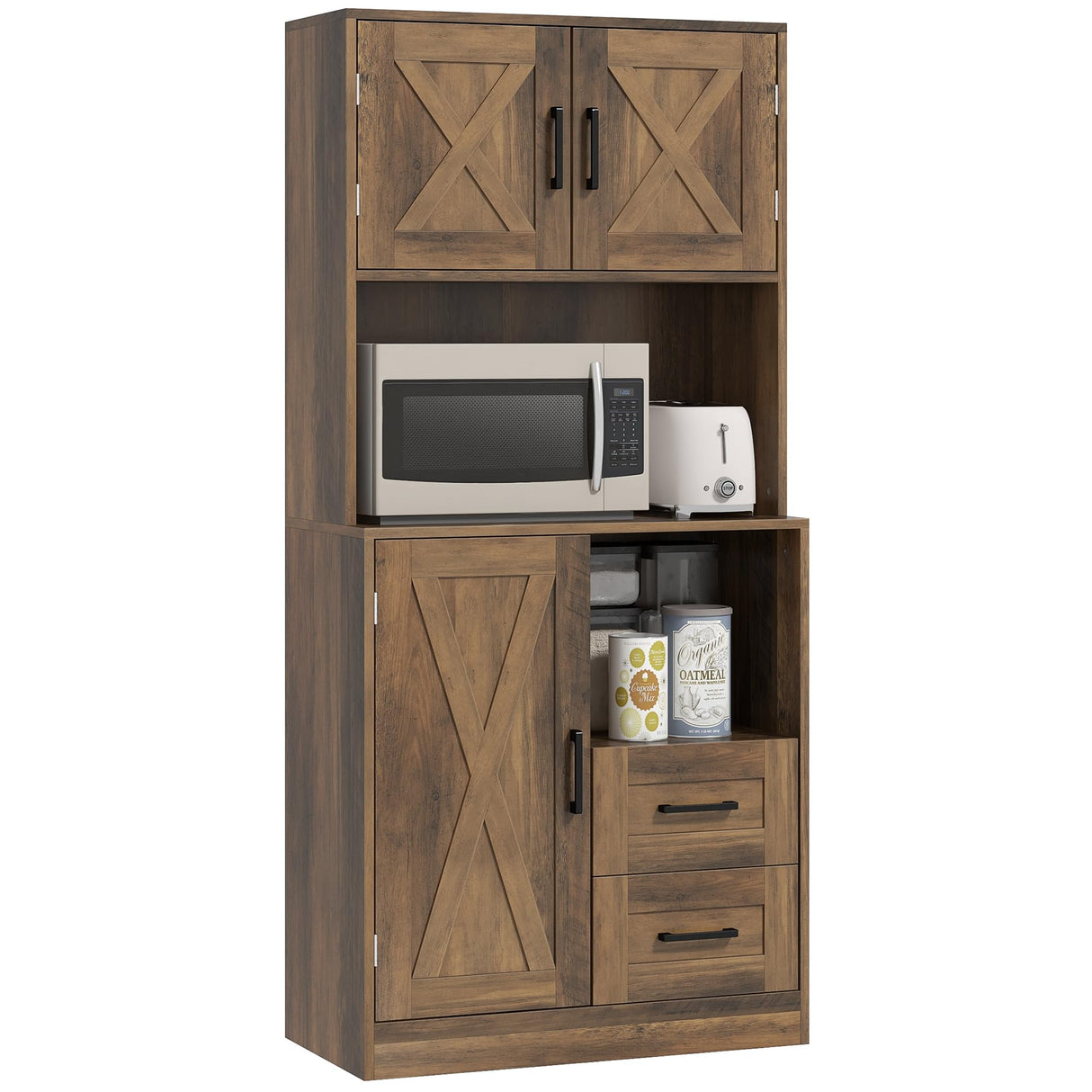 HOMCOM 71" Farmhouse Kitchen Pantry Storage Cabinet, Freestanding Tall Kitchen Hutch with Microwave Oven Countertop, Adjustable Shelves and Drawers, Brown HOMCOM
