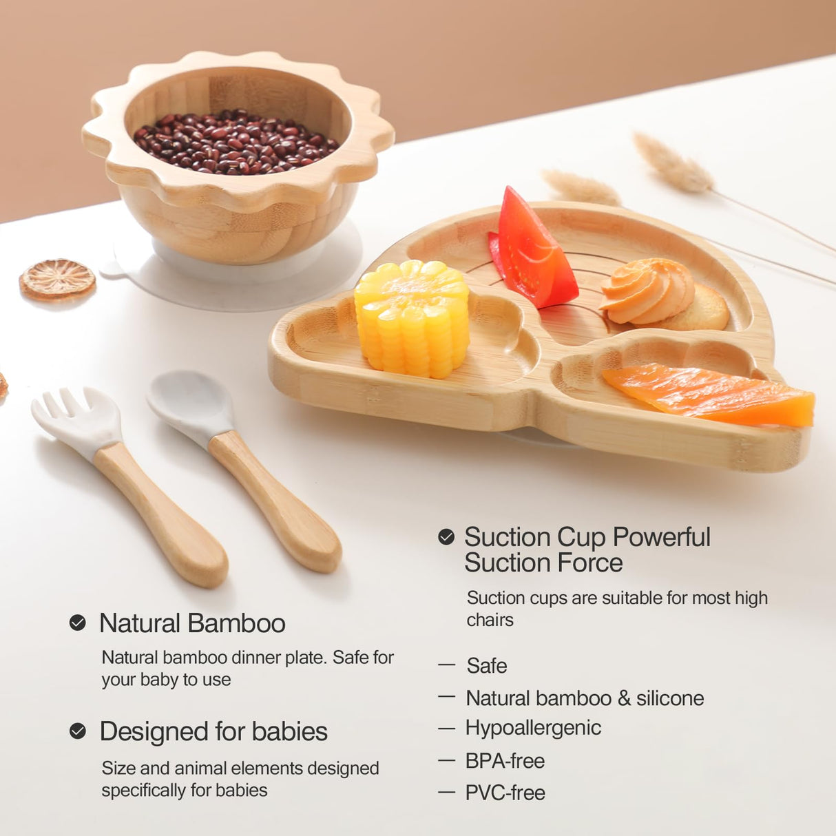Bamboo Suction Plates Bowls Set for Baby Toddler Divided Platter Food bowl with Silicone Fork & Spoon All-Natural Baby Feeding Set for Baby-Led Weaning, Non-Slip Design let's make