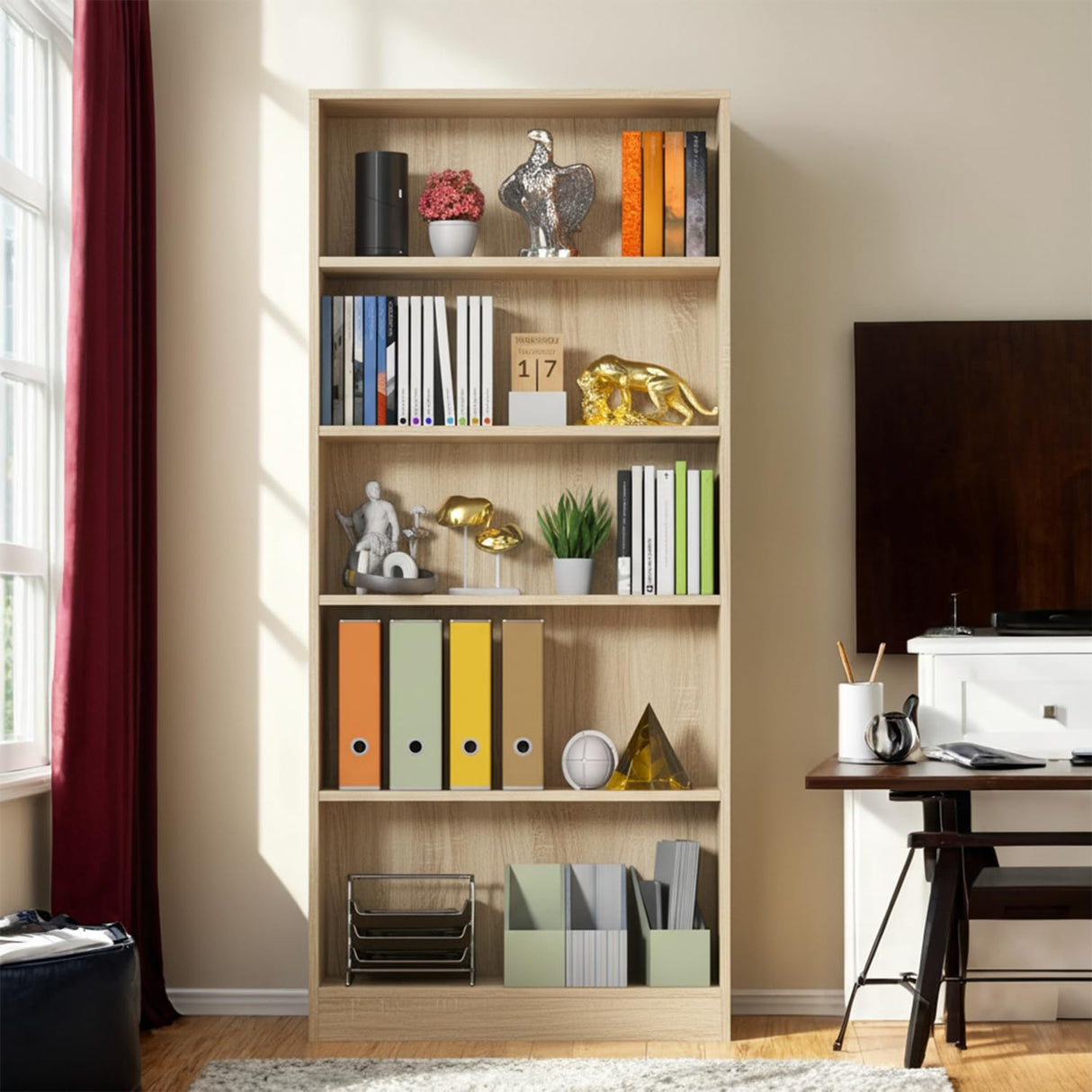 holzart 71" Tall Book Shelf, 5 Tier Large Bookshelf, Standing Wood Display Book Shelf for Living Room, Office, Library with Doors, 31.5" W x 70.87" H x 11.81" D, Oak holzart