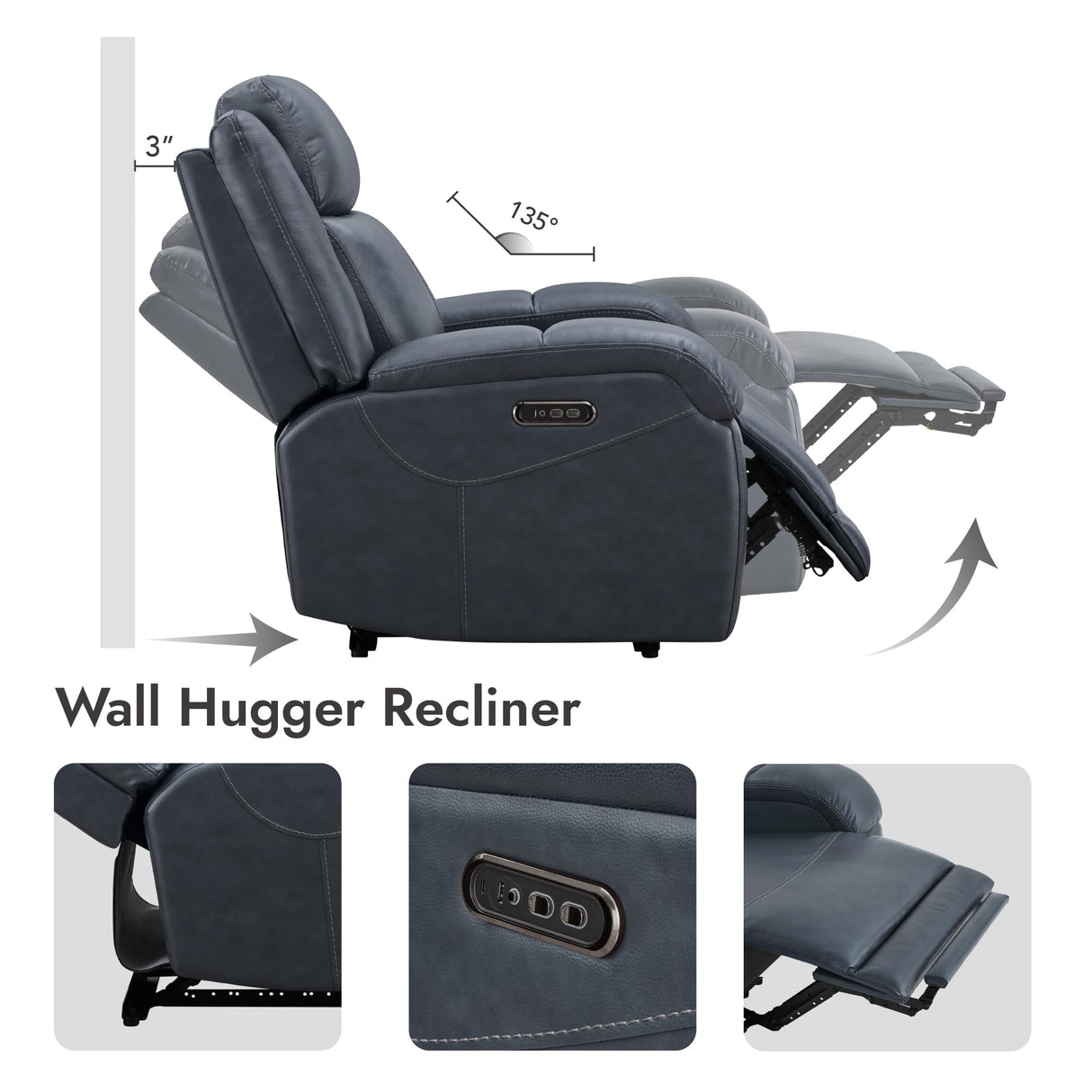 Watson & Whitely Oversized Genuine Leather Power Recliner Chairs for Big and Tall, Wall Hugger Recliner with Power Headrest & Charging Ports, Extra Large Reclining Chair for Living Room, Navy Blue Watson & Whitely