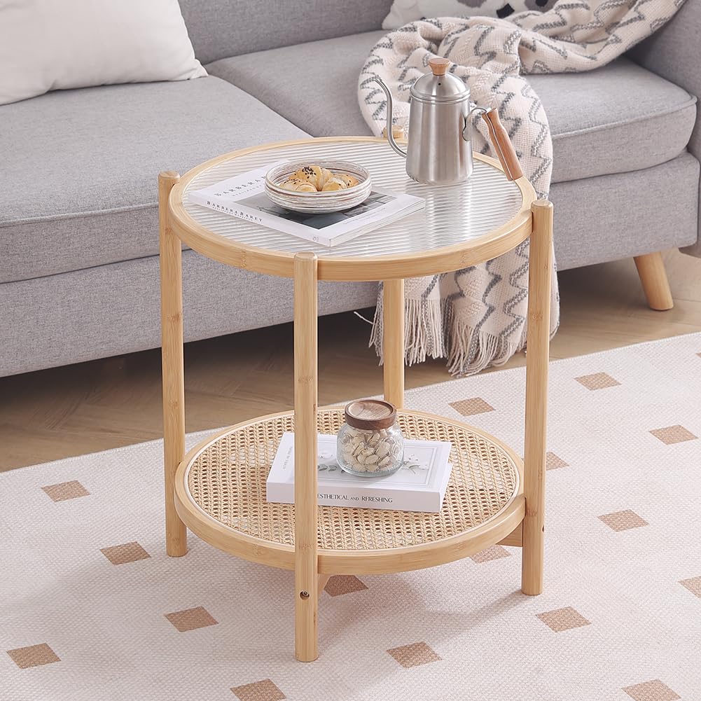 Tiita Rattan Coffee Table, Round End Table, 19.7Inch Modern Side Table, Small Bamboo Living Room Side Table, Glass Sofa End Table for Balcony and Office Outdoor/Indoor (Horizontal Stripe) - WoodArtSupply