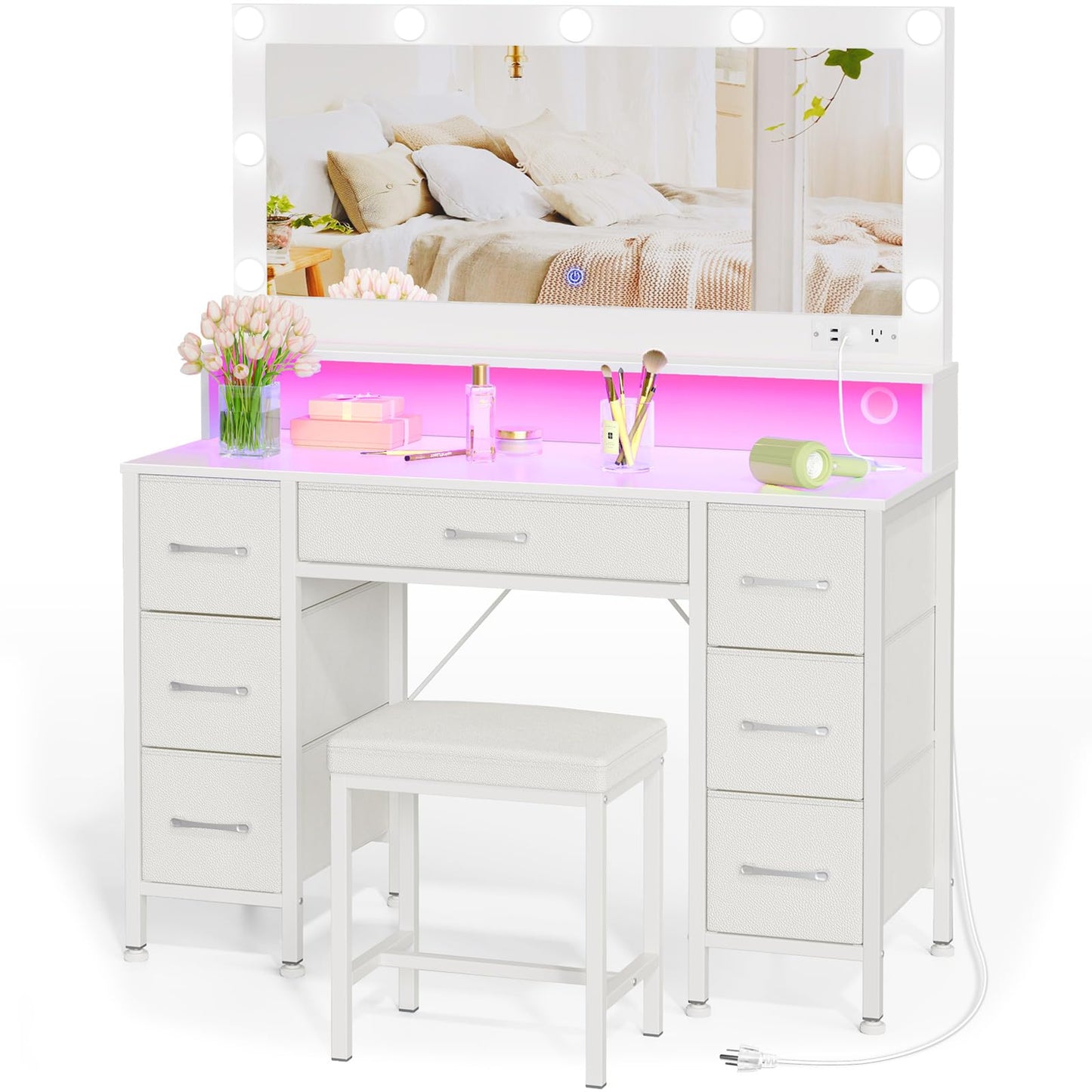 Rolanstar Vanity Desk with Mirror and Lights, Makeup Vanity with Upholstered Vanity Stool, 7 Fabric Drawers, 9 Dimmable LED Bulbs, Vanity Set with Power Outlets, RGB Strip Lights for Bedroom, White