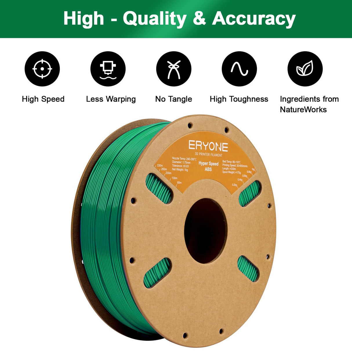 ERYONE High Speed ABS Filament 1.75mm +/- 0.03mm, 3D Printing Filament ABS Fits Most FDM Printers, 30-600mm/s Hyper Speed ABS Filament, 1kg (2.2LBS)/Spool, Green ERYONE