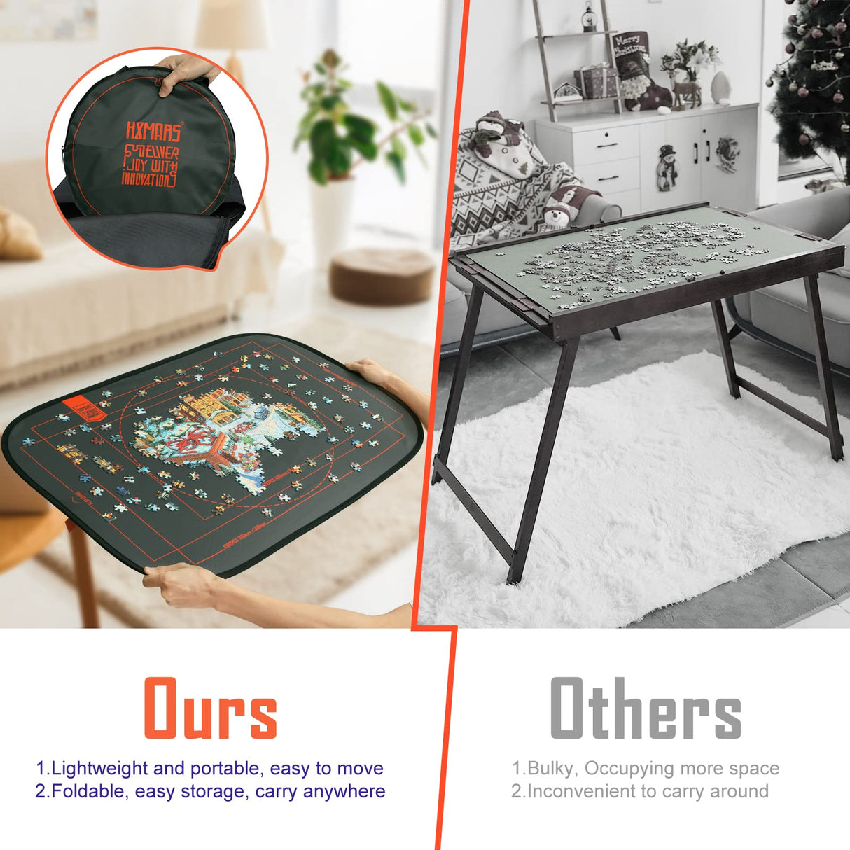 HXMARS Foldable Jigsaw Puzzle Board: Large Portable 1000 Pieces Puzzle Mat with Puzzle Sorter Trays, Puzzle Storage Saver to 500 & 1000 Pieces with Storage Bag(Grey) HXMARS