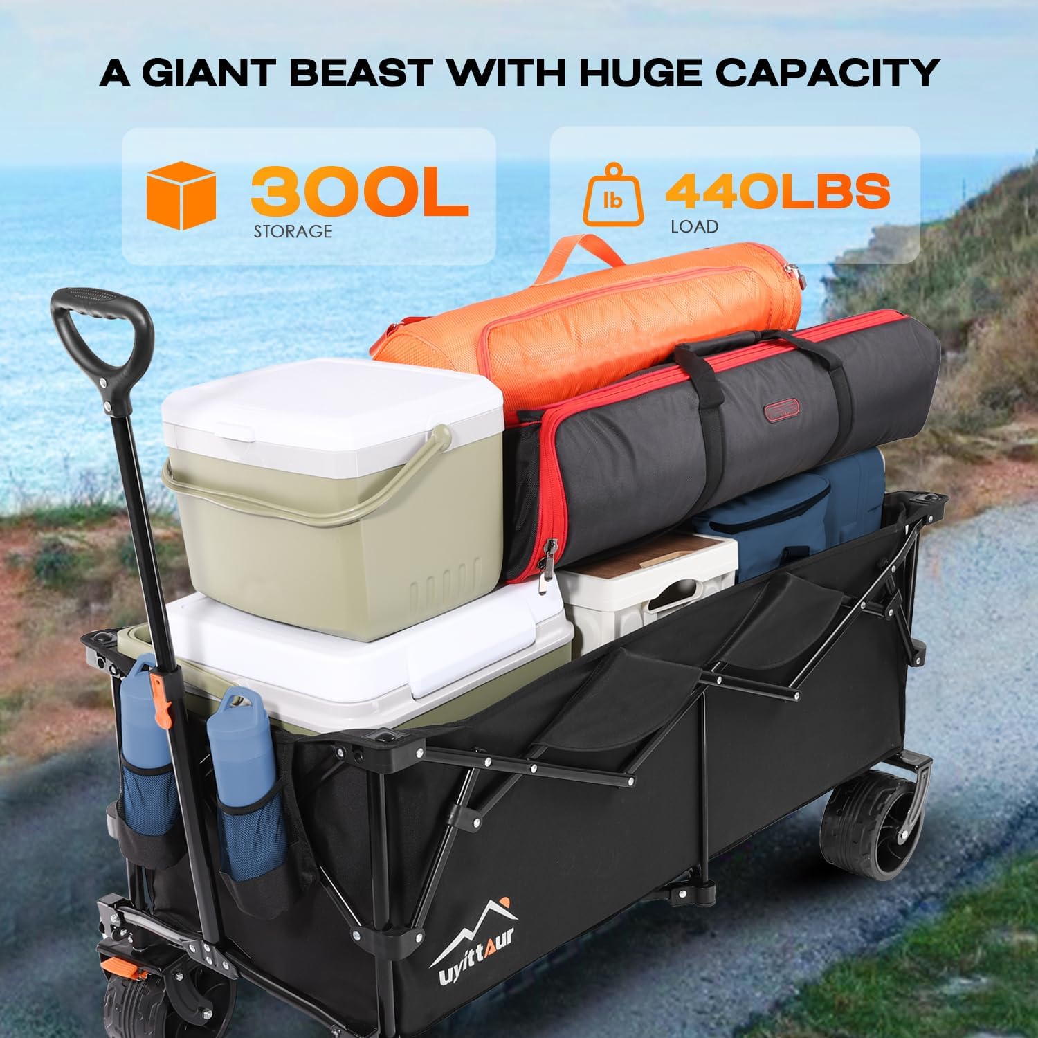 Uyittour Large Collapsible Extended Beach Wagon Cart 300L, 440lbs Weight Capacity Heavy Duty Foldable Wagon with Big All-Terrain Wheels, Utility Sports Folding Wagon for Camping Outdoor - WoodArtSupply