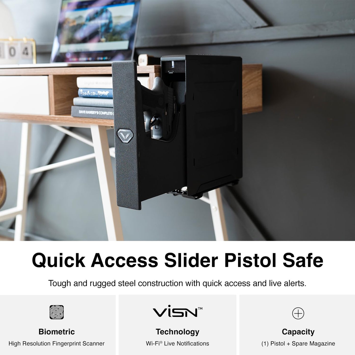 VAULTEK Slider Series Rugged Smart Handgun Safe Quick Auto-Open Sliding Door Pistol Safe with Rechargeable Li-ion Battery (Biometric + ViSN WiFi)