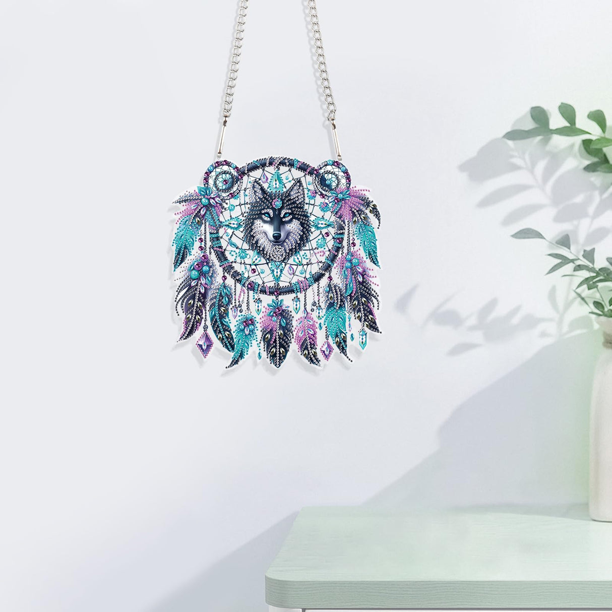 JISHSHAY Diamond Painting Hanging Wolf Diamond Art Pendant Dreamcatcher Gem Art Wind Chimes Gem Painting Hanging Pendant Mosaic Kits for Adults Windchimes Embroidery Kit Suncatchers Sun Catchers JISHSHAY