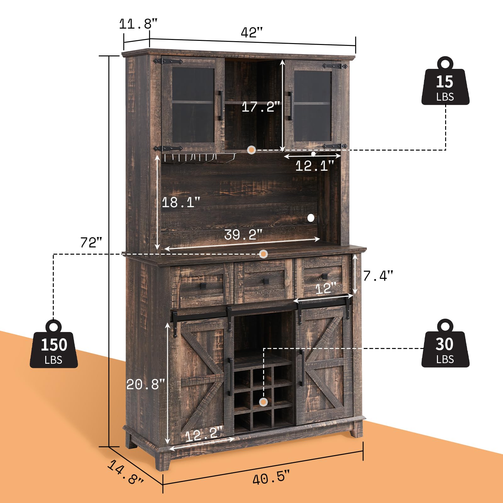 AMERLIFE Coffee Bar Cabinet with Sliding Barn Door, 72'' Farmhouse Kitchen Sideboard, Buffet Storage Table, Wine Glass Racks, 3 Drawers, LED Lights, Tall Hutch Home Bar Dark Rustic Oak - WoodArtSupply