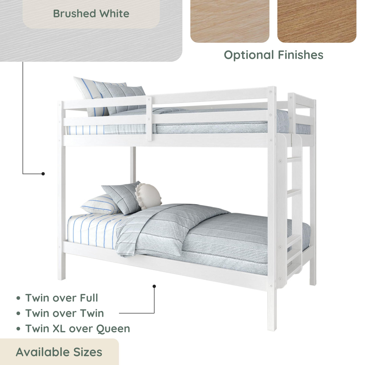 Grain & Grove Bear Twin Over Twin Bunk Bed, Sturdy Bunk Bed Frame for Kids, Plywood Bunk with Ladder, Guardrail, and Slats, No Box Spring Required, Brushed White Grain & Grove