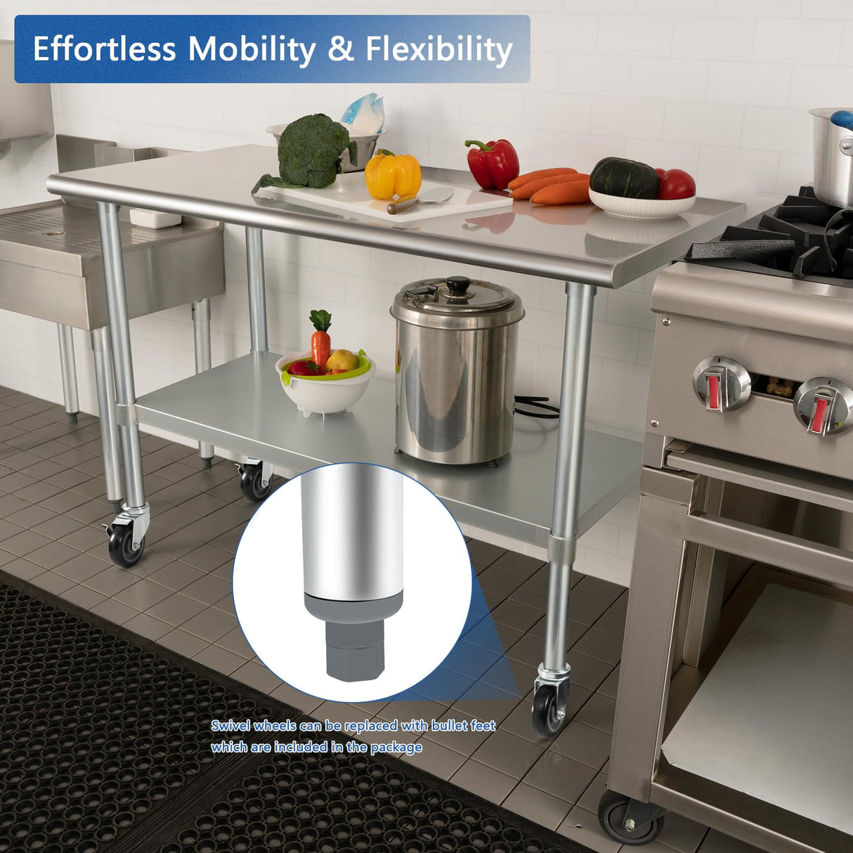 HARDURA Stainless Steel Table with Wheels 24 x 60 Inches Casters NSF Heavy Duty Commercial Work & Prep Table with Undershelf and Galvanized Legs for Restaurant Kitchen Bar and Hotel Garage HARDURA Restaurant Equipment
