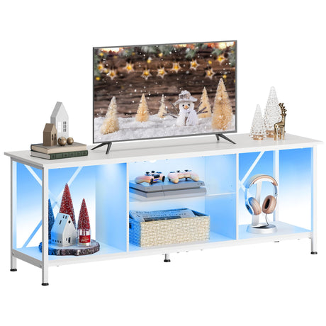 WLIVE TV Stand up to 65 Inch TV, 55" Entertainment Center with LED, Industrial TV Console with Glass Shelf for Living Room and Bedroom, White WLIVE