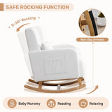 HCHAIRH Rocking Chair with Ottoman, Upholstered Nursing Glider Rocker with High Backrest and Side Pocket, Comfy Reading Chair with Solid Wood Legs for Nursery/Living Room/Bedroom White HCHAIRH