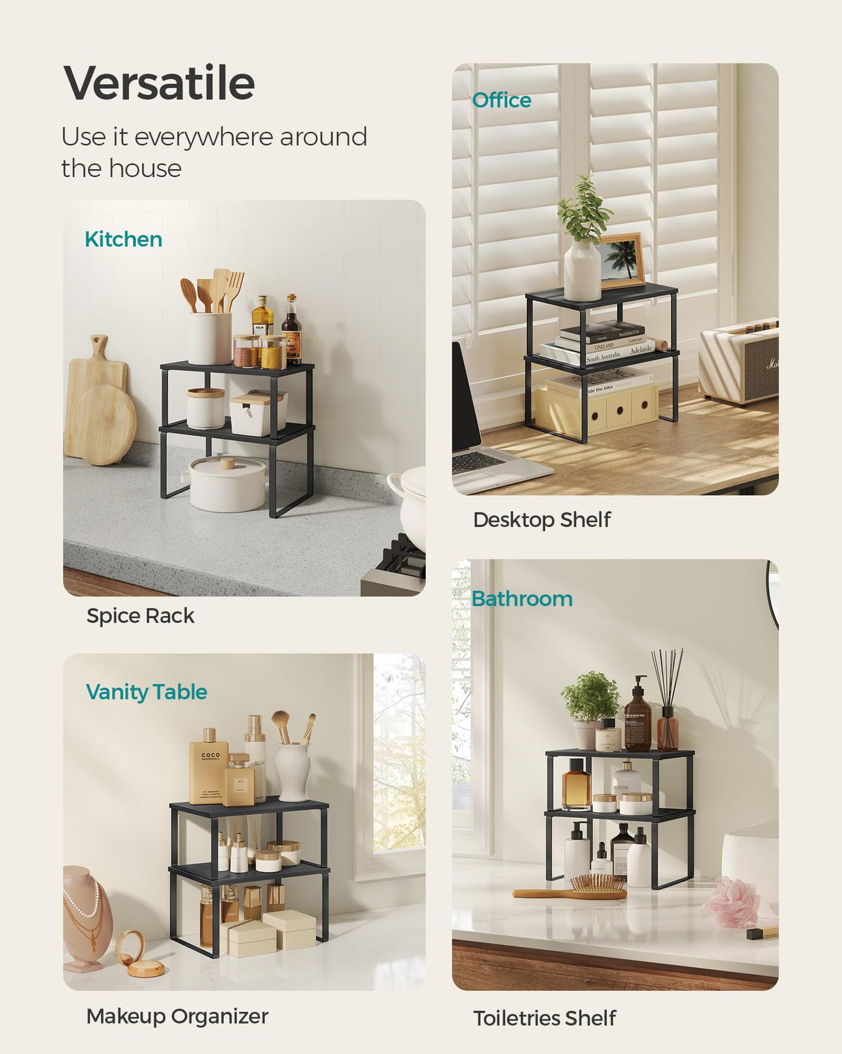 SONGMICS Cabinet Organizer Shelf, Set of 4 Kitchen Counter Shelves, Kitchen Storage, Spice Rack, Stackable, Expandable, Metal and Engineered Wood, Ink Black and Ebony Black UKCS027B01 SONGMICS