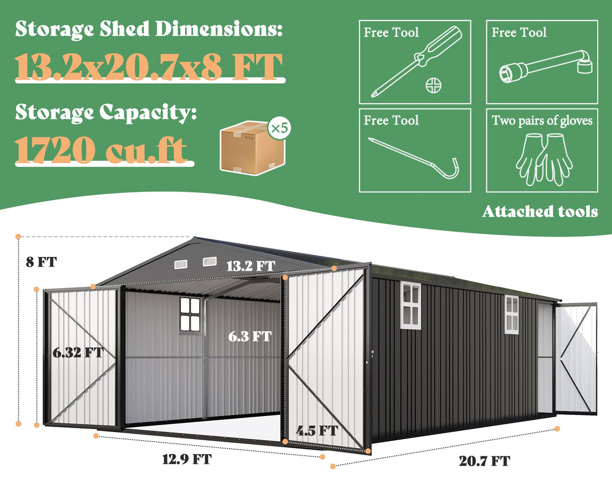 AMERLIFE 13.2x21x8 FT Outdoor Storage Shed, Huge Metal Garage Shed with 2 Double Hinged Doors and 4 Windows, Carport for Car, Truck, Bike, Garbage Can and Lawnmower, Dark Grey AMERLIFE