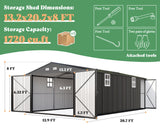 AMERLIFE 13.2x21x8 FT Outdoor Storage Shed, Huge Metal Garage Shed with 2 Double Hinged Doors and 4 Windows, Carport for Car, Truck, Bike, Garbage Can and Lawnmower, Dark Grey AMERLIFE