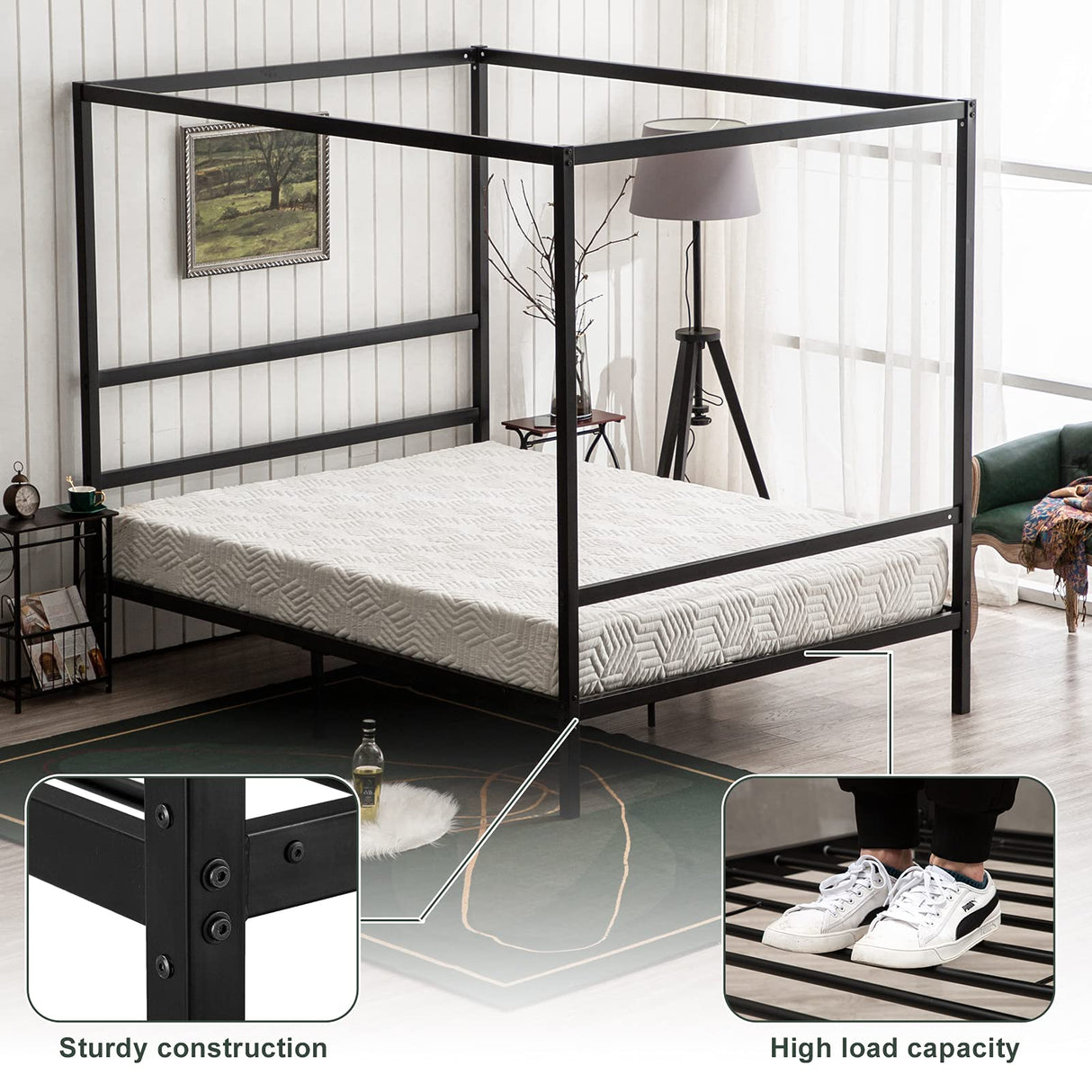 Bonnlo King Metal Bed Frame, Canopy Bed King Size with Headboard, 4 Poster Black Mattress Frame, 550lbs Capacity, Contemporary Design, No Box Spring Needed, Black Bonnlo