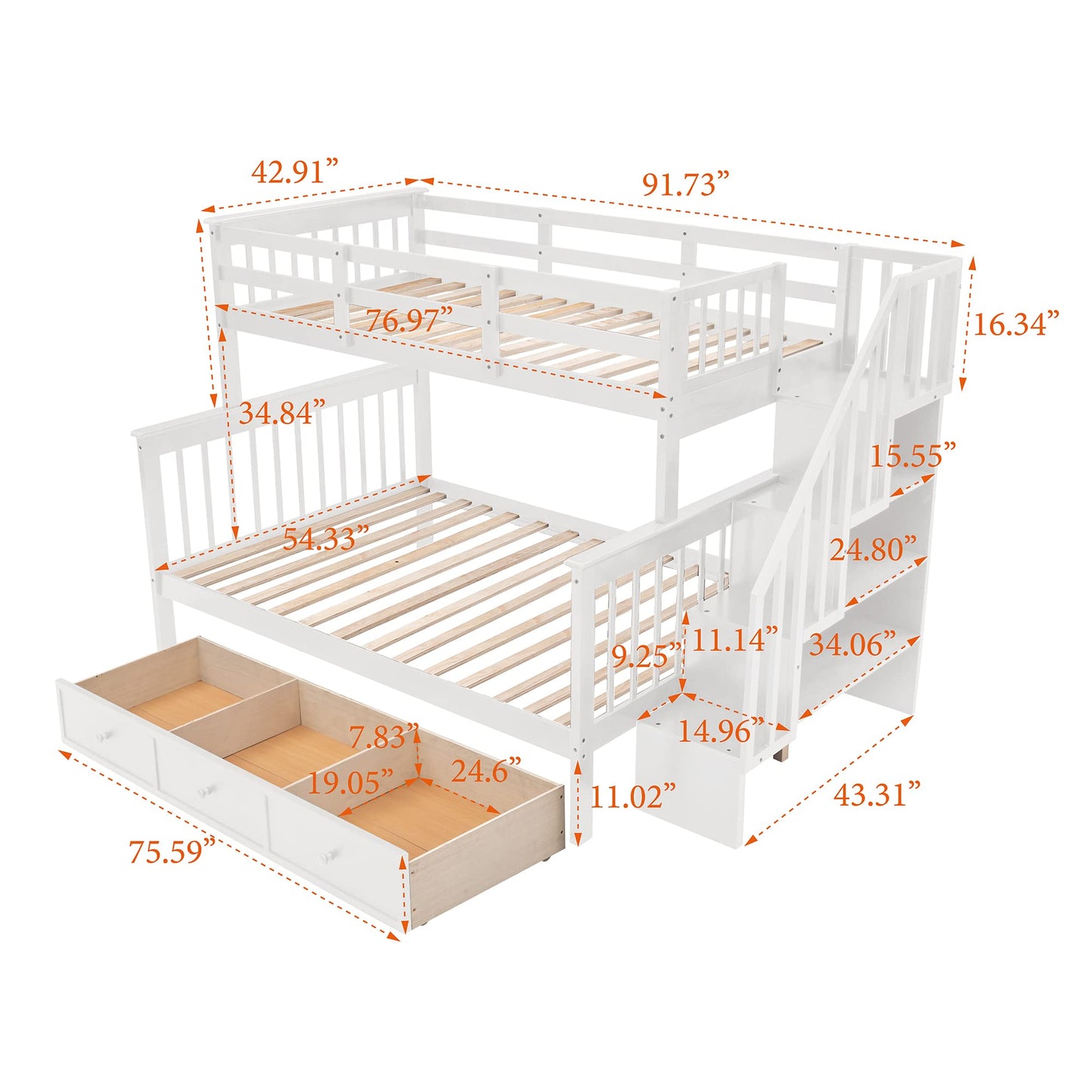 MERITLINE Twin Over Full Bunk Bed with Stairs, Storage Drawers, and Shelf - No Box Spring Needed, White - WoodArtSupply