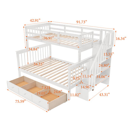 MERITLINE Twin Over Full Bunk Bed with Stairs, Storage Drawers, and Shelf - No Box Spring Needed, White - WoodArtSupply