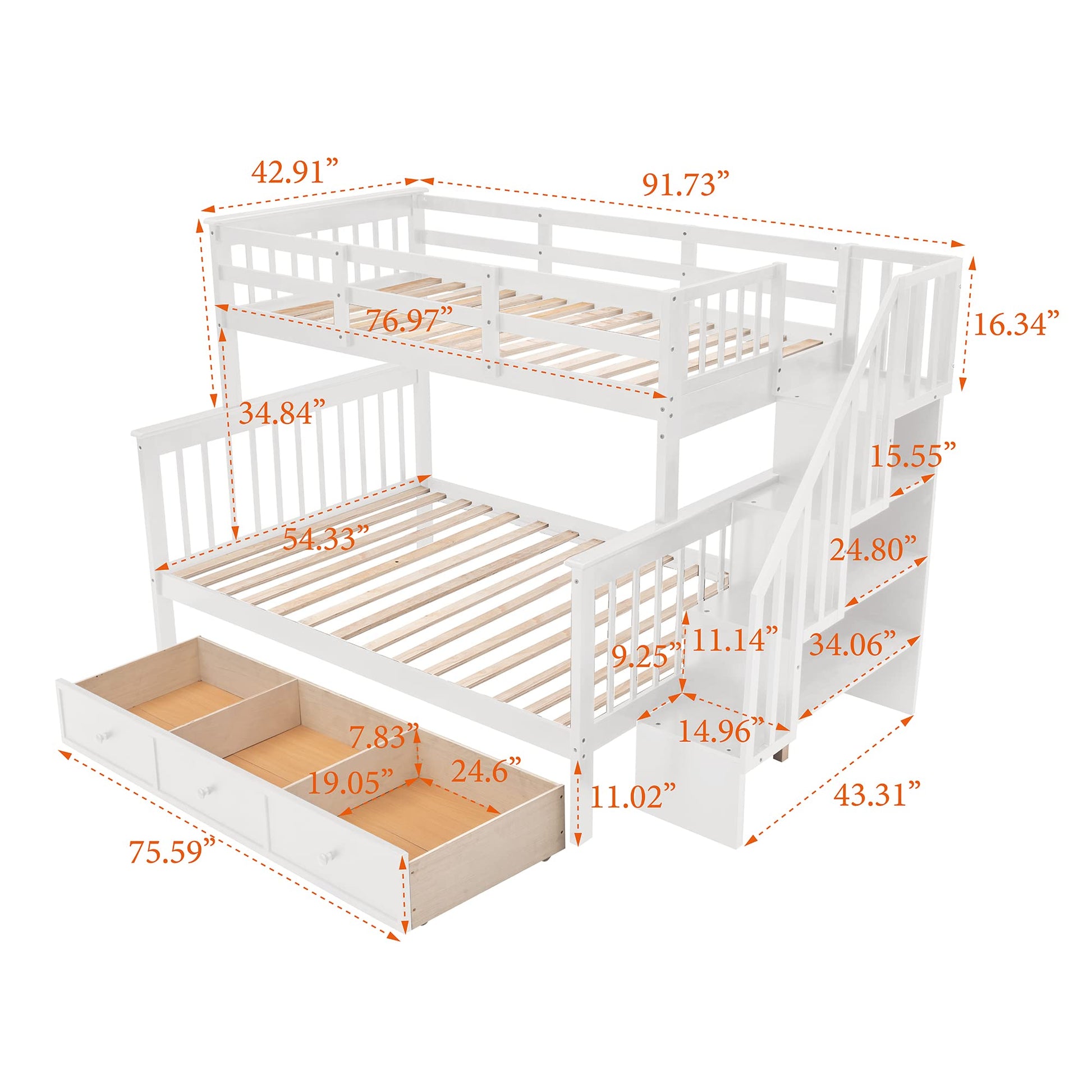 Harper & Bright Designs Twin Over Full Bunk Bed with Stairs and Storage in White - WoodArtSupply